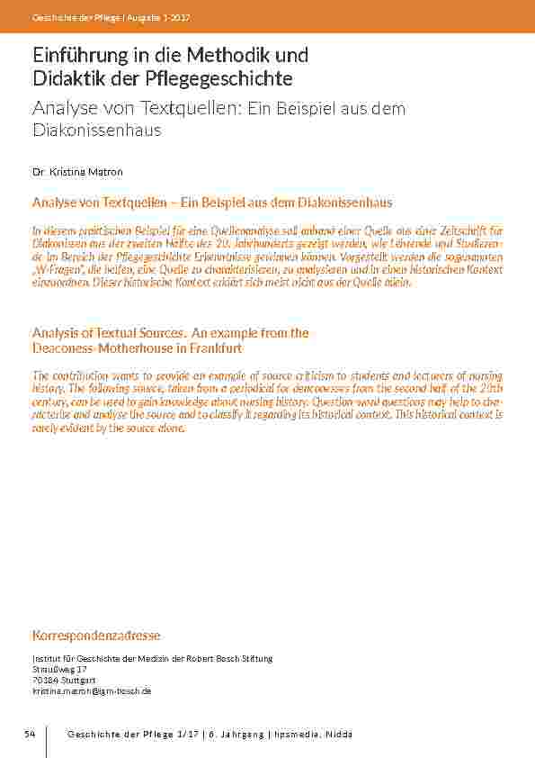 Einführung in die Methodik und Didaktik der Pflegegeschichte Analyse von Textquellen: Ein Beispiel aus dem Diakonissenhaus